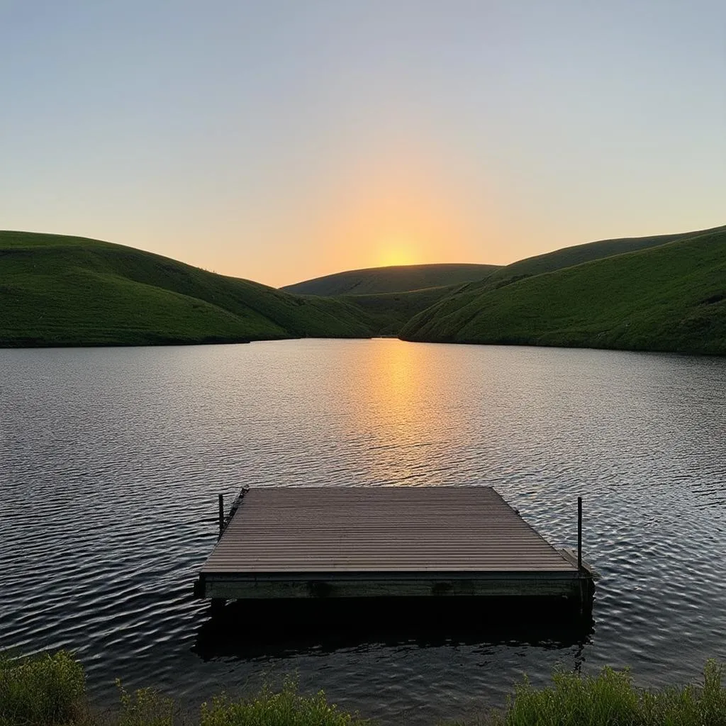 Serene lake surrounded by lush green hills