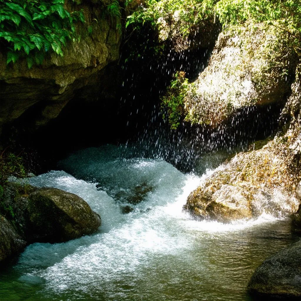 A hidden waterfall cascades down mossy rocks