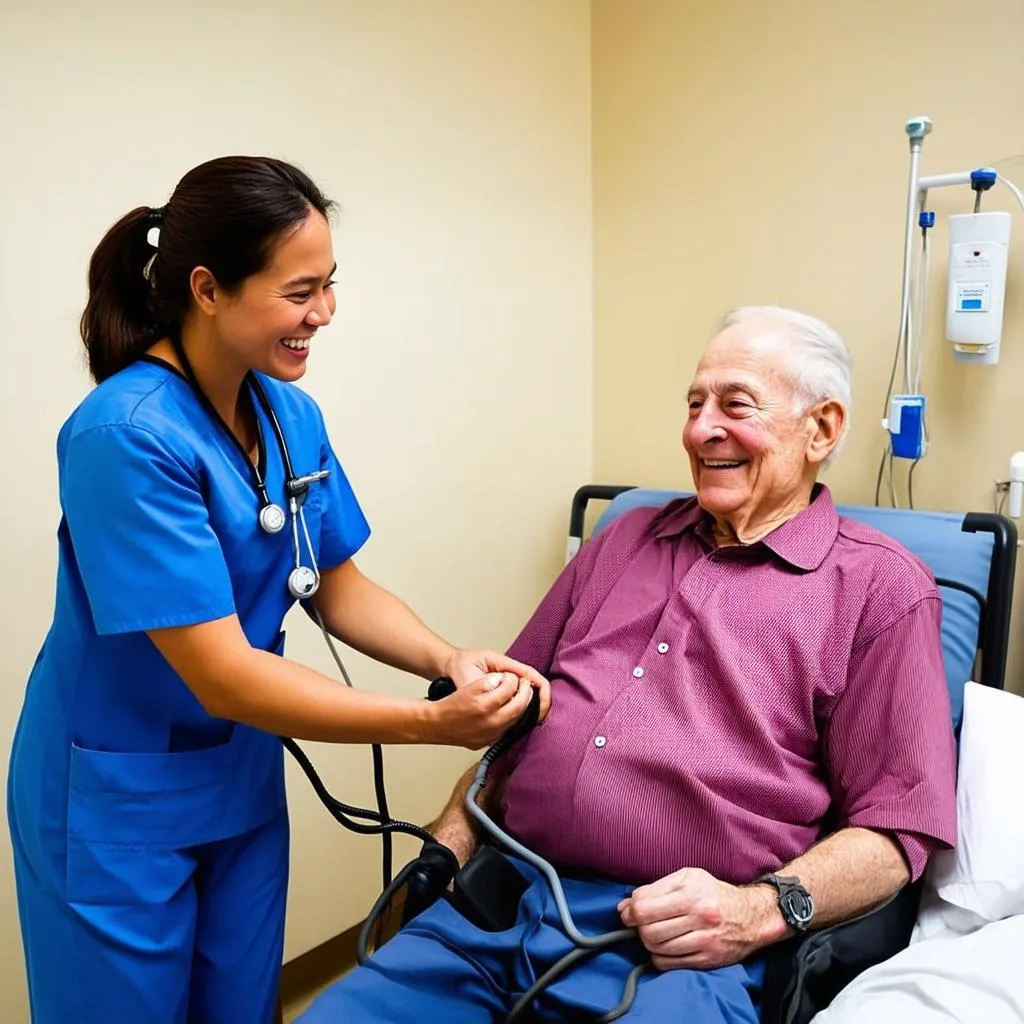 Traveling Nurse Working with Patient in Hospital Room