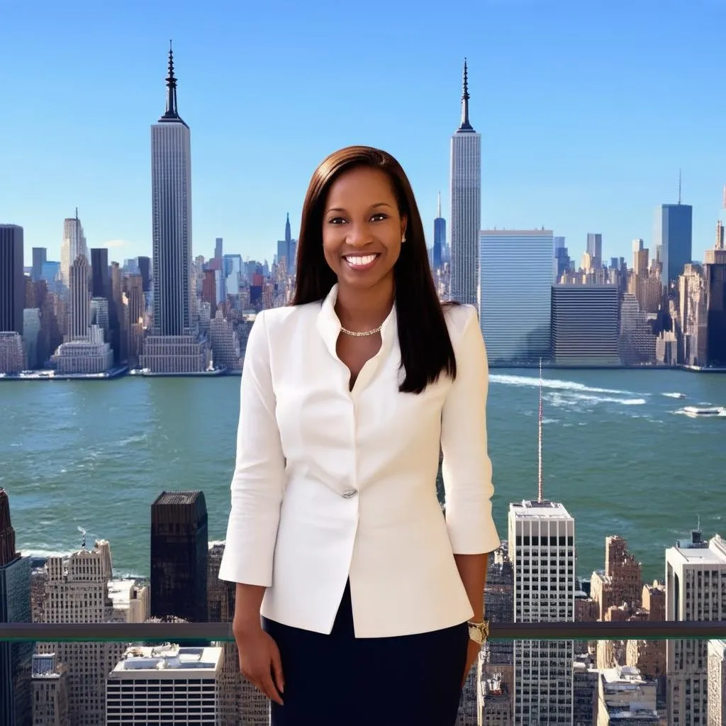 A travel agent with a New York City skyline background.