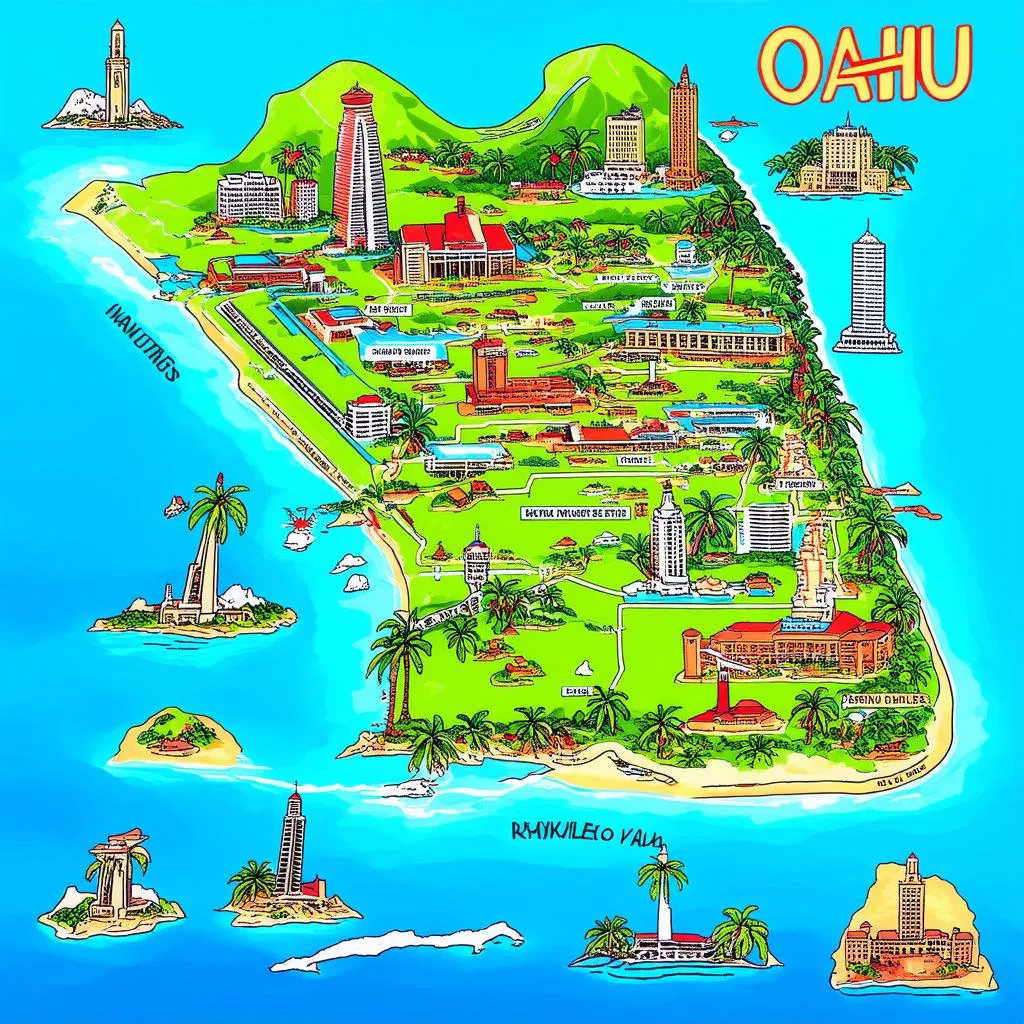 Map of Oahu with travel spots