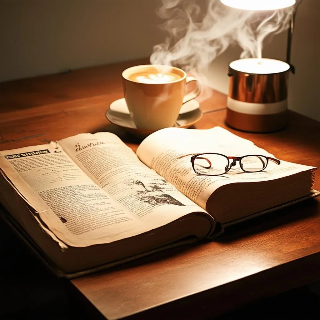 An old guidebook open on a table next to a cup of coffee and reading glasses.