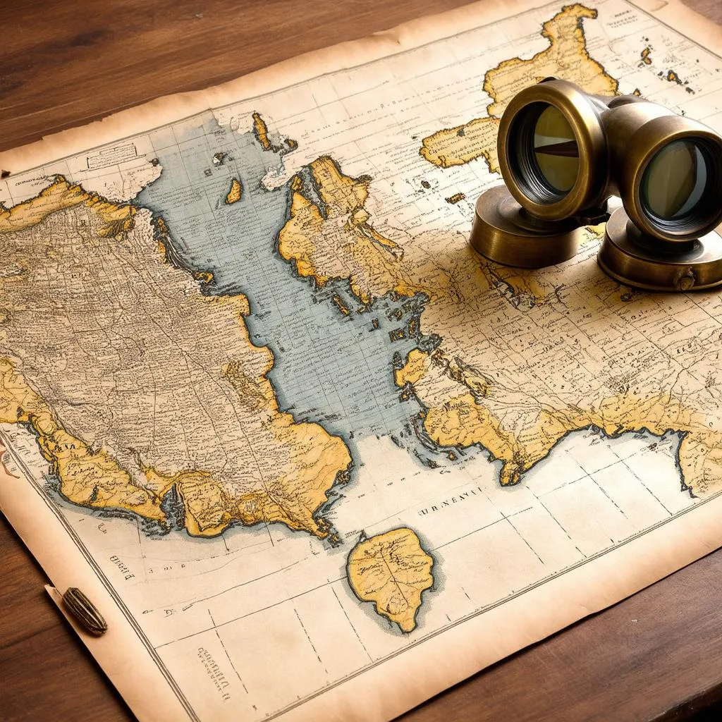 old world map with a compass and spyglass