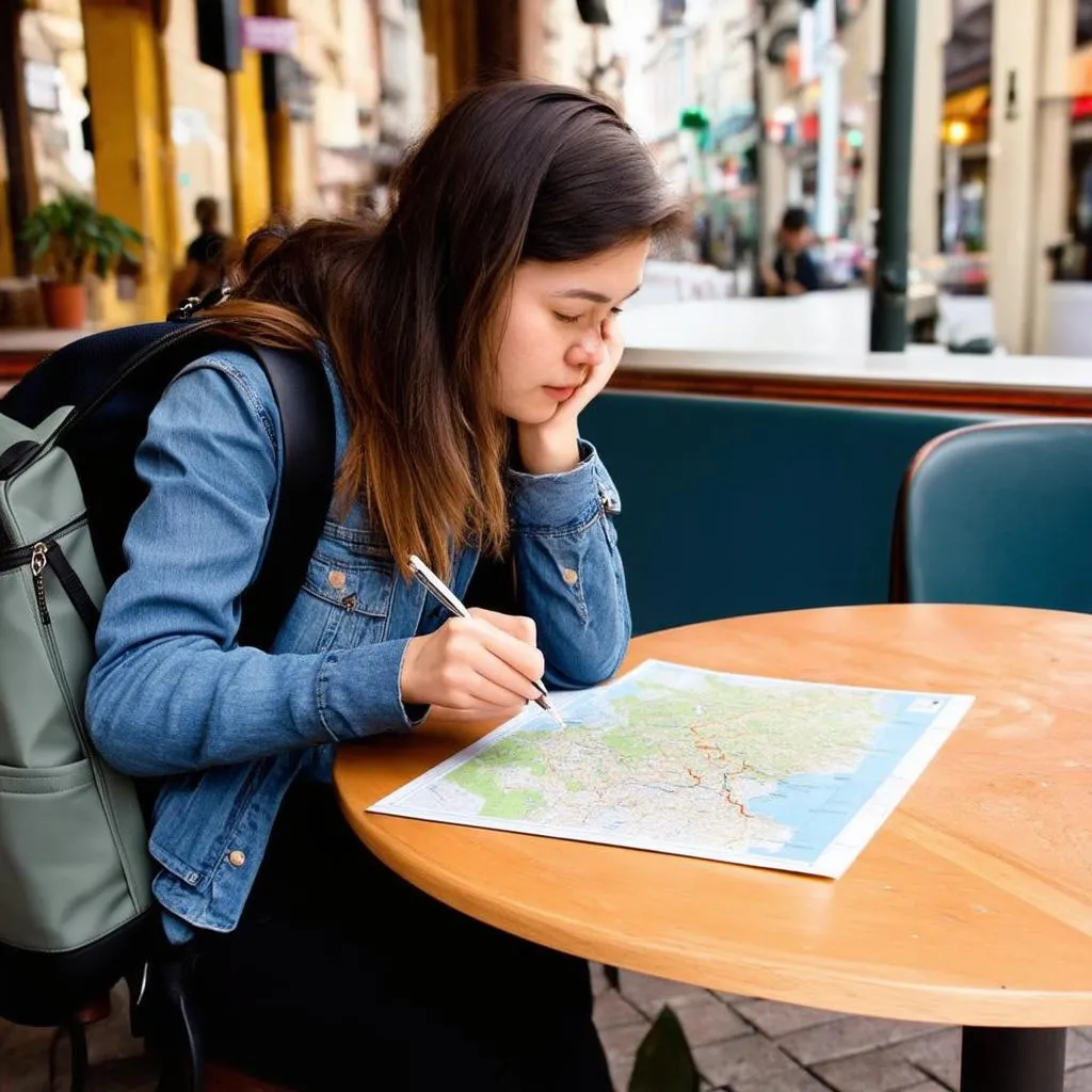 woman studying map