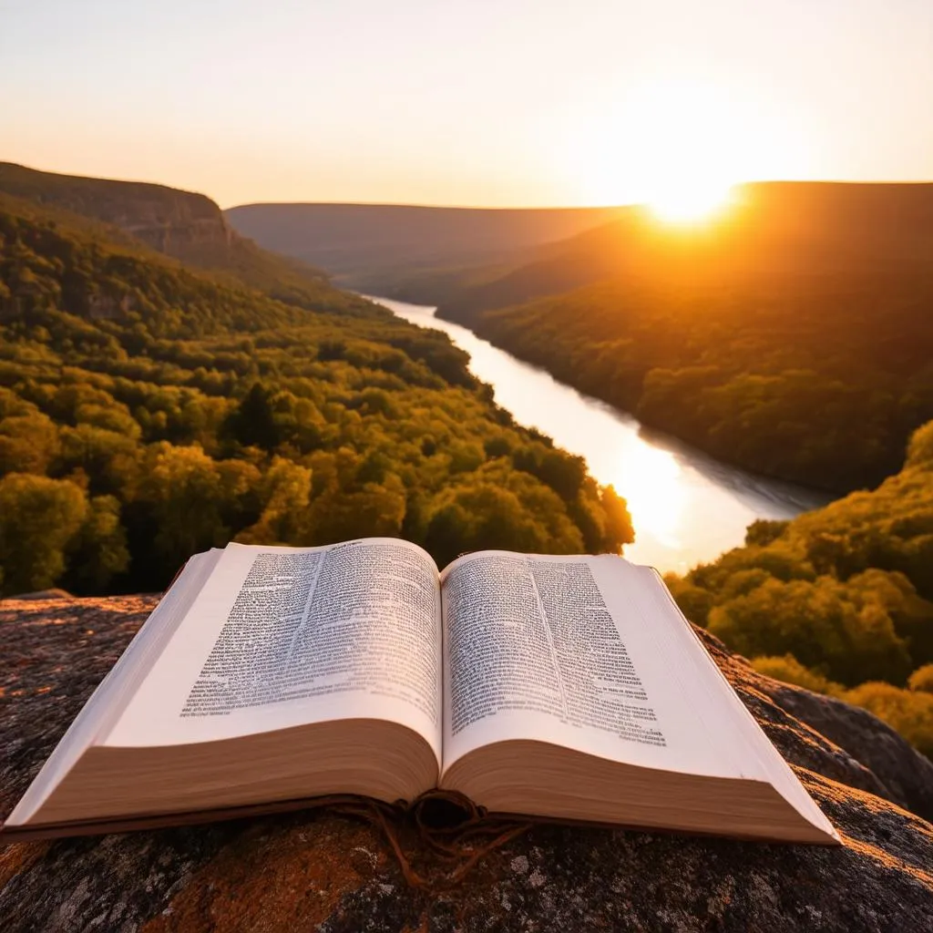 Finding faith in nature: Open bible with a scenic view