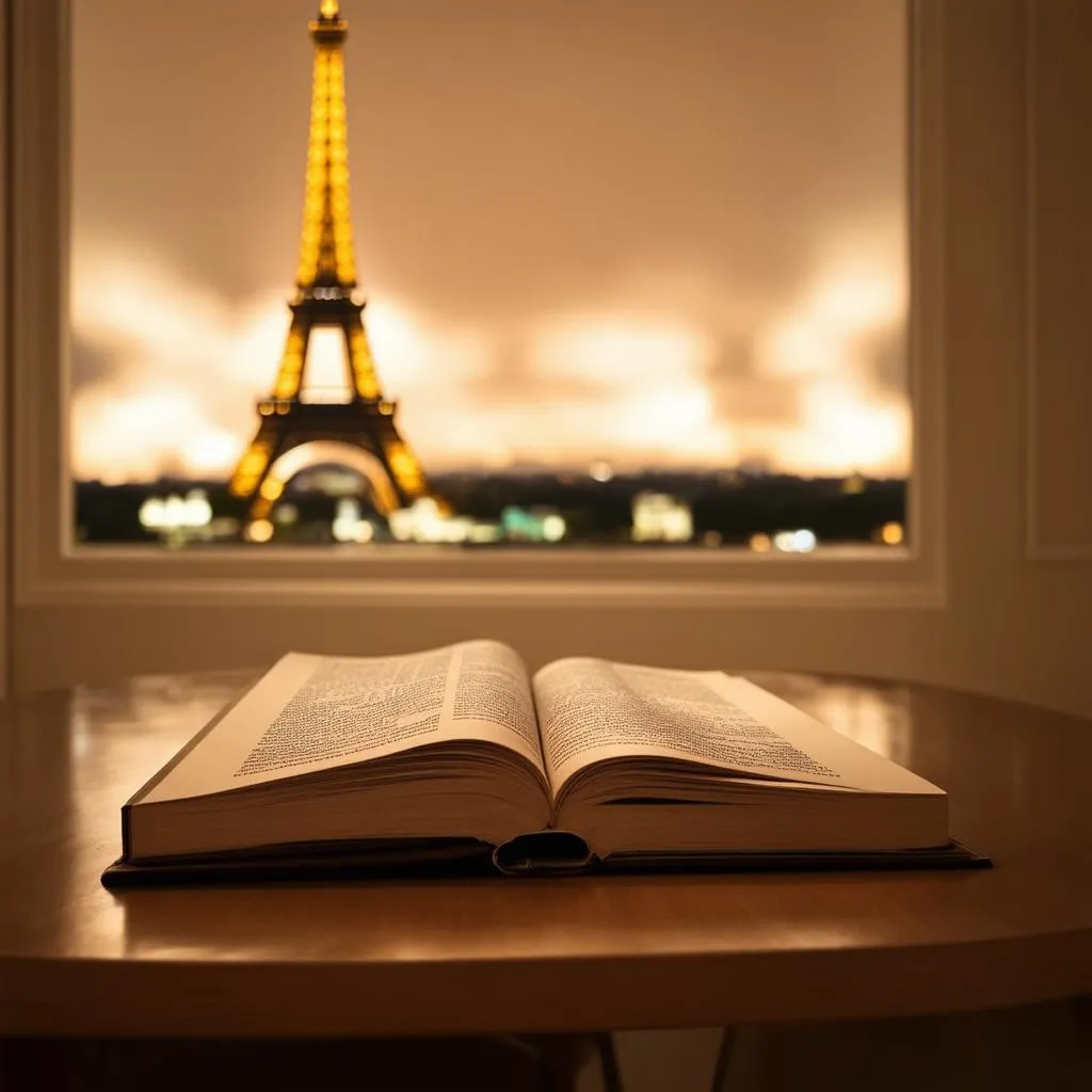 Open book with Eiffel Tower in the background