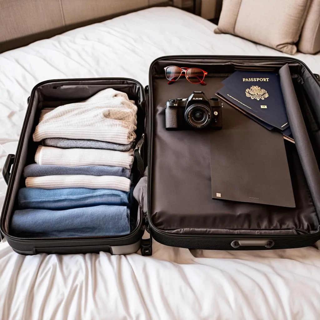 An open suitcase lays on a bed with clothes and travel accessories spilling out.