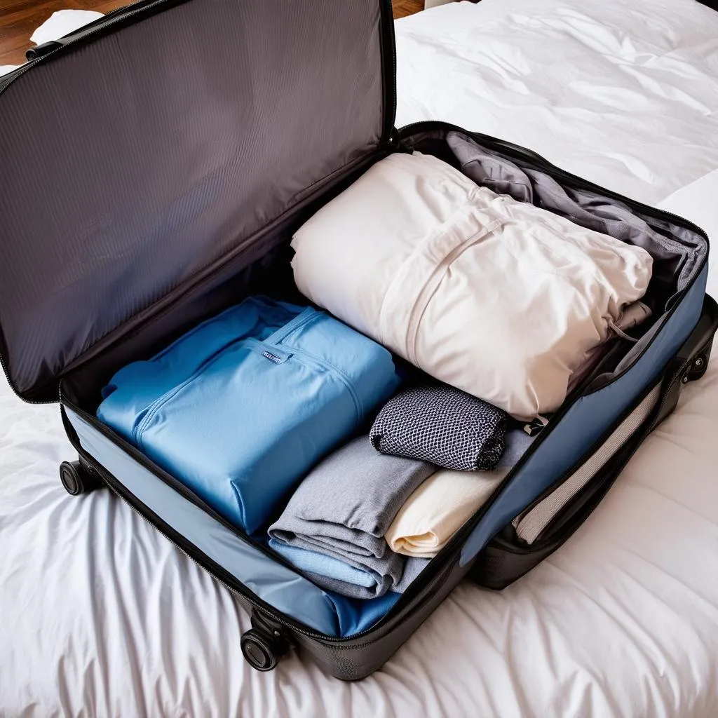 Packing cubes neatly organizing clothes inside a suitcase.