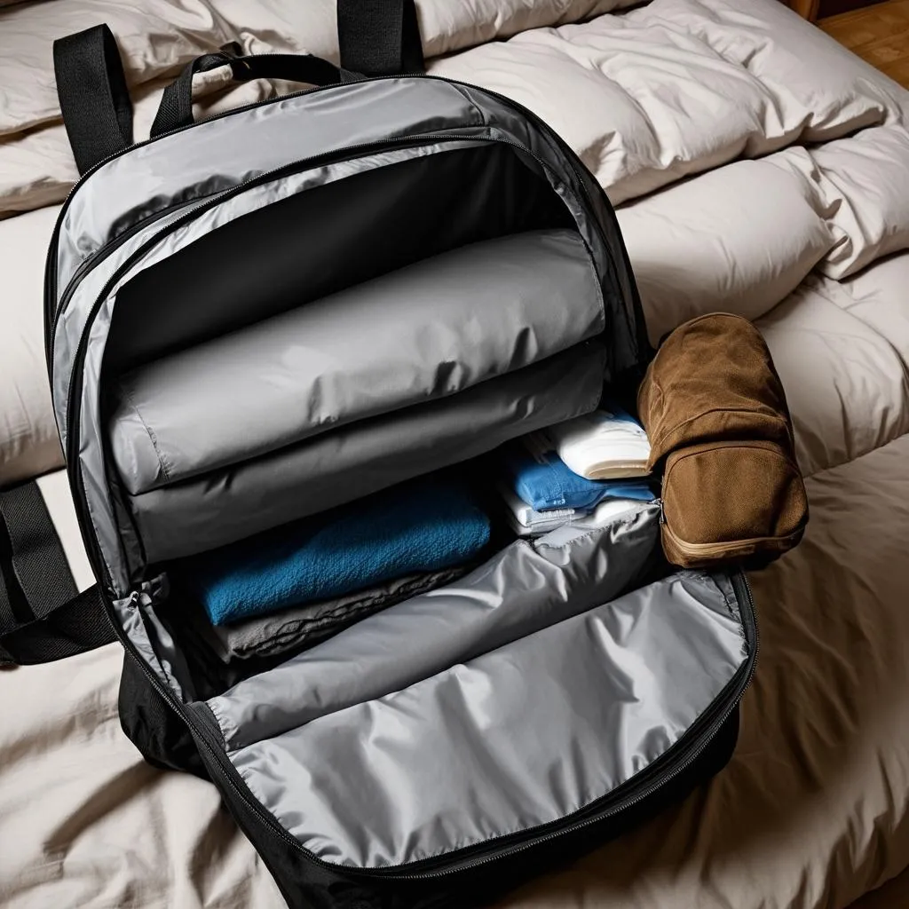  a backpack open on a bed with organized compartments