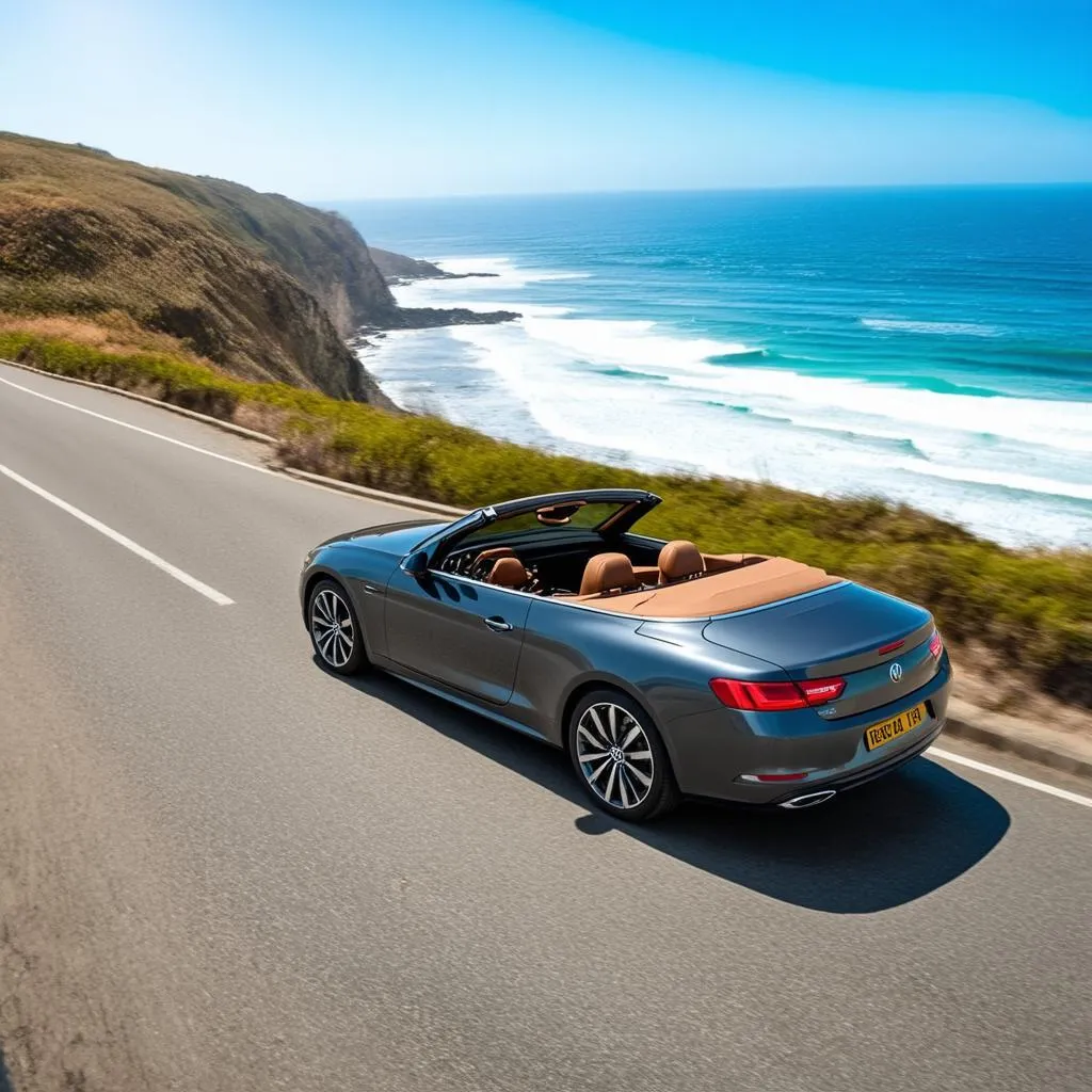 A convertible car driving along the Pacific Coast Highway