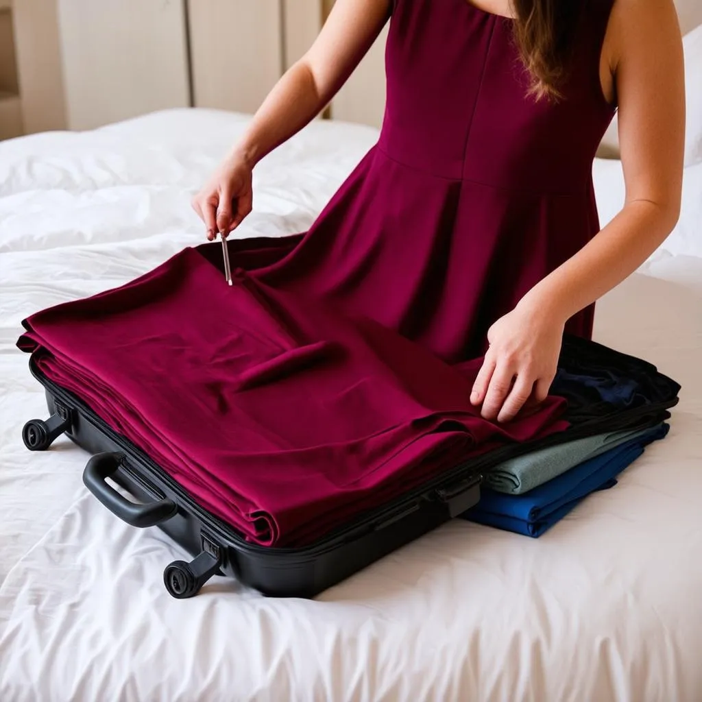 Woman neatly placing a folded A-line dress into a suitcase.