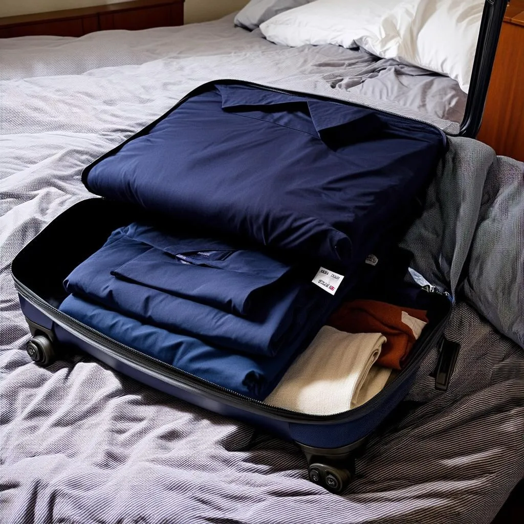 a packing cube with a folded sports coat inside