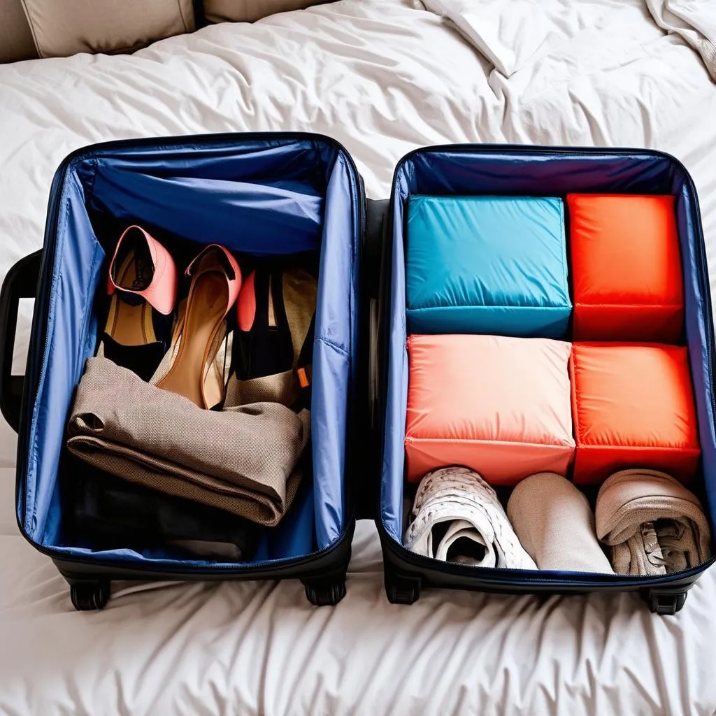 Colorful packing cubes organizing clothes inside a suitcase.