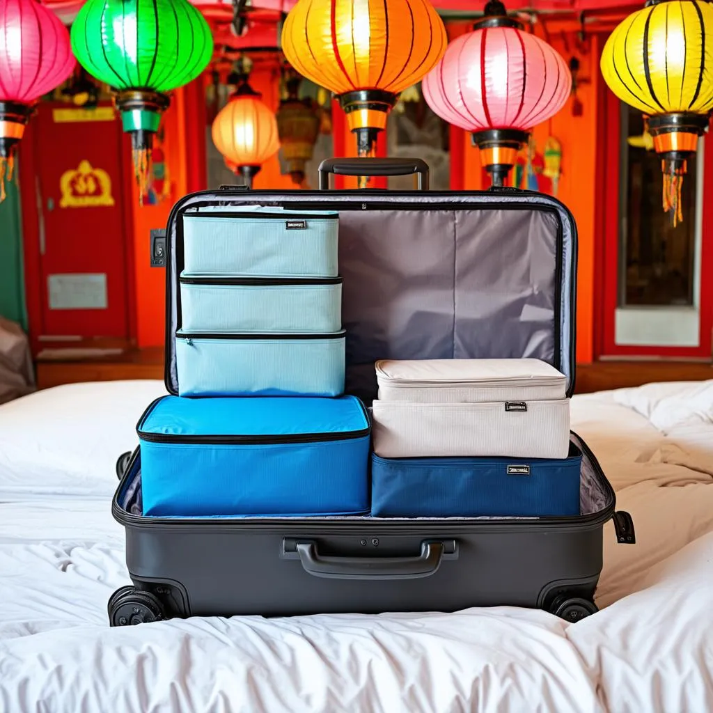 Packing cubes neatly arranged in a suitcase, with a backdrop of colorful lanterns in Hoi An.