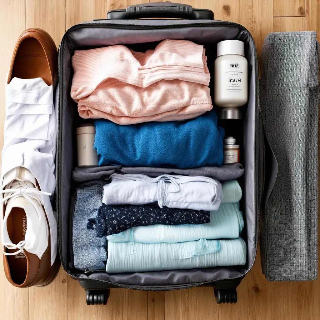 Travel essentials neatly organized in a suitcase.