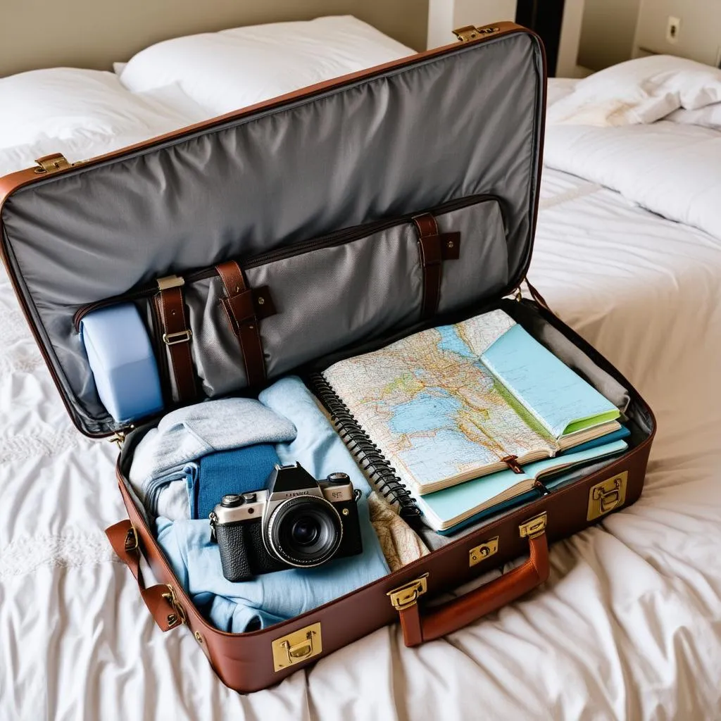 suitcase-open-on-bed-with-travel-essentials