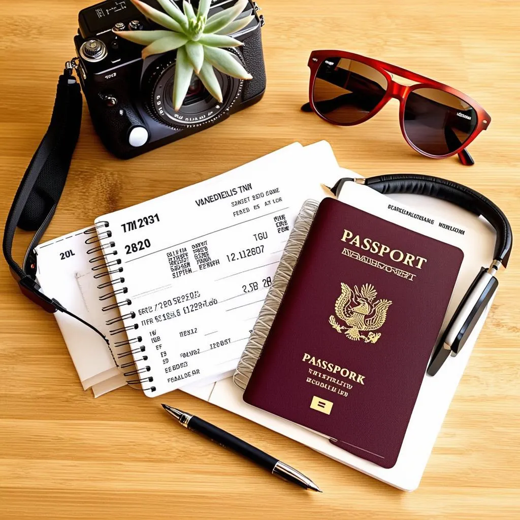 essential items for international travel arranged on a wooden table