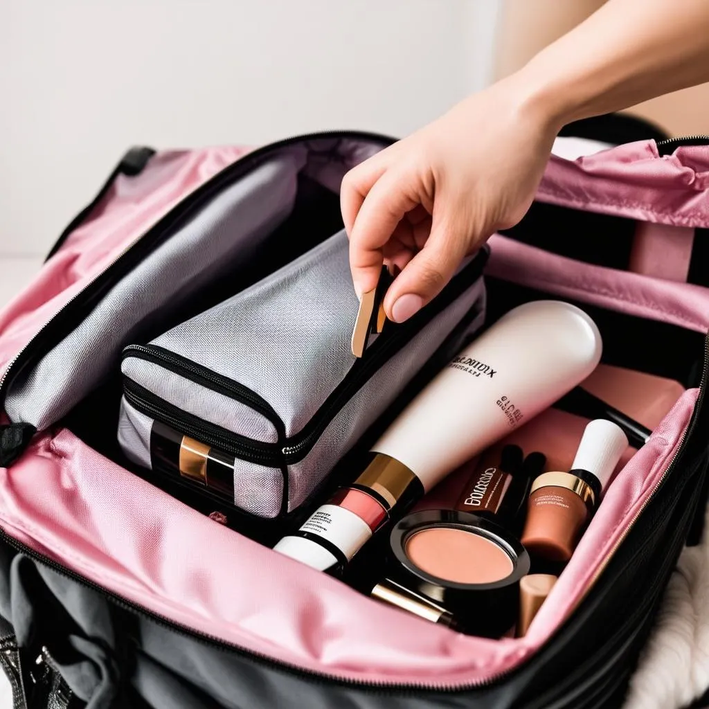 Packing Makeup in Suitcase