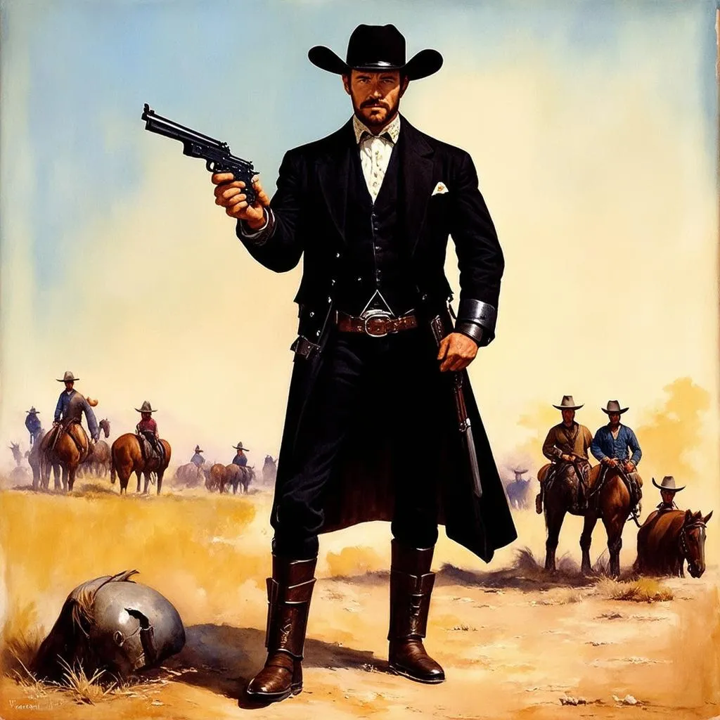 Paladin, a sophisticated gunfighter, stands against a backdrop of the Wild West