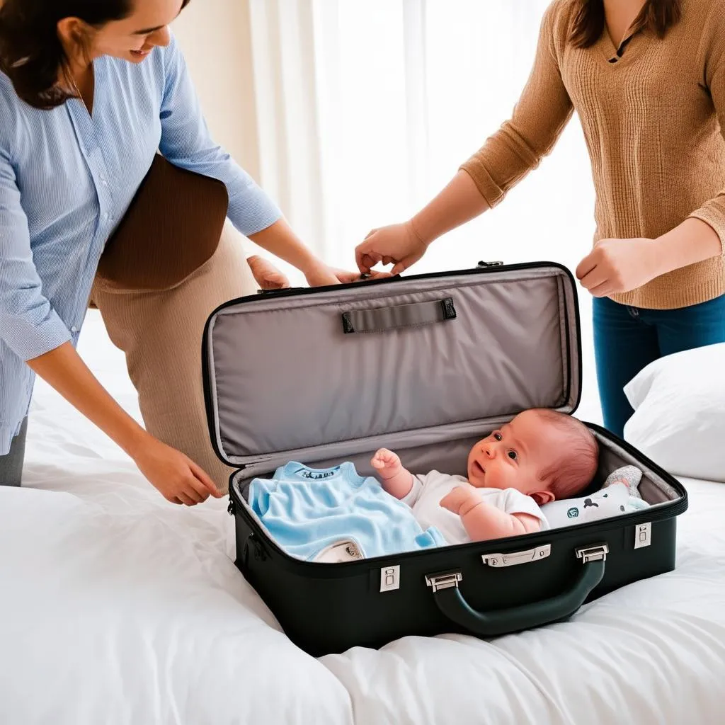 parents packing a suitcase for their baby with cute clothes