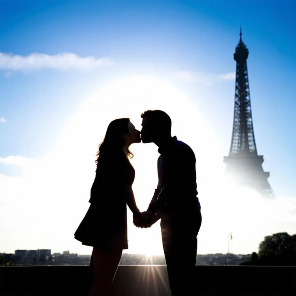 Couple kissing with Eiffel Tower in background