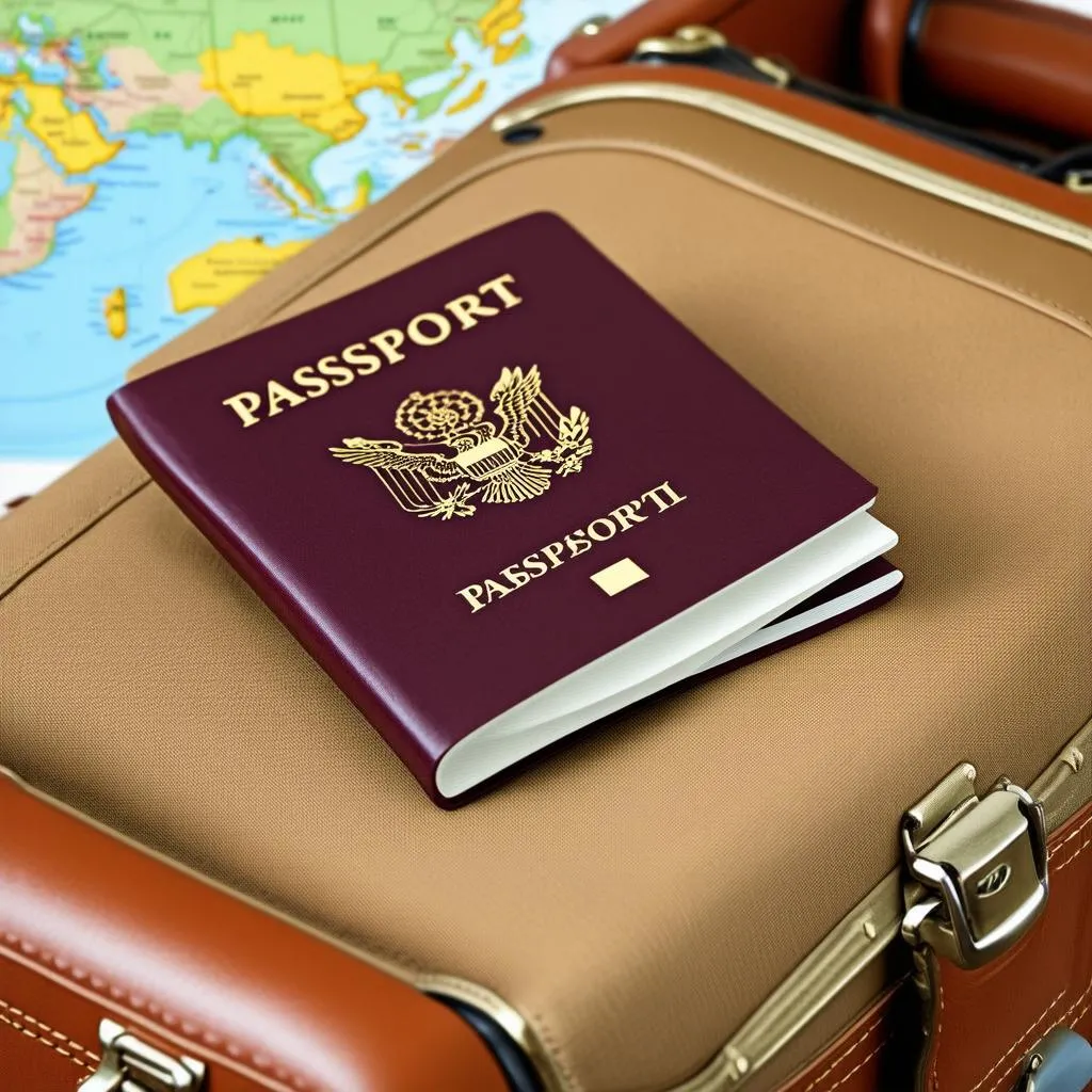 Passport and luggage on a map