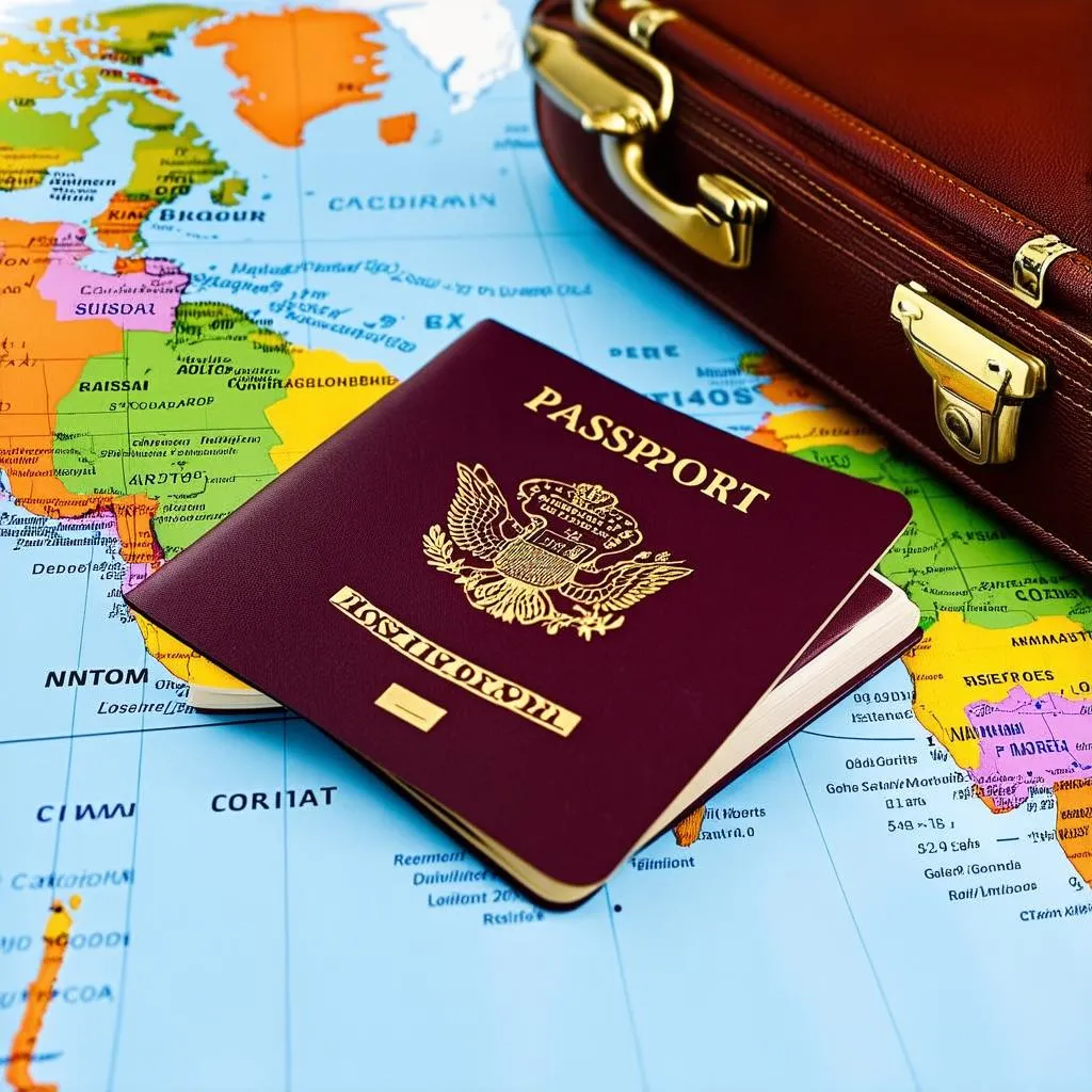 passport and luggage on a map