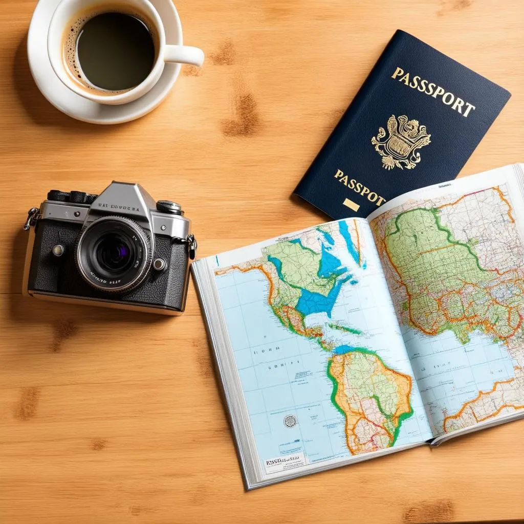 Passport and map on a table