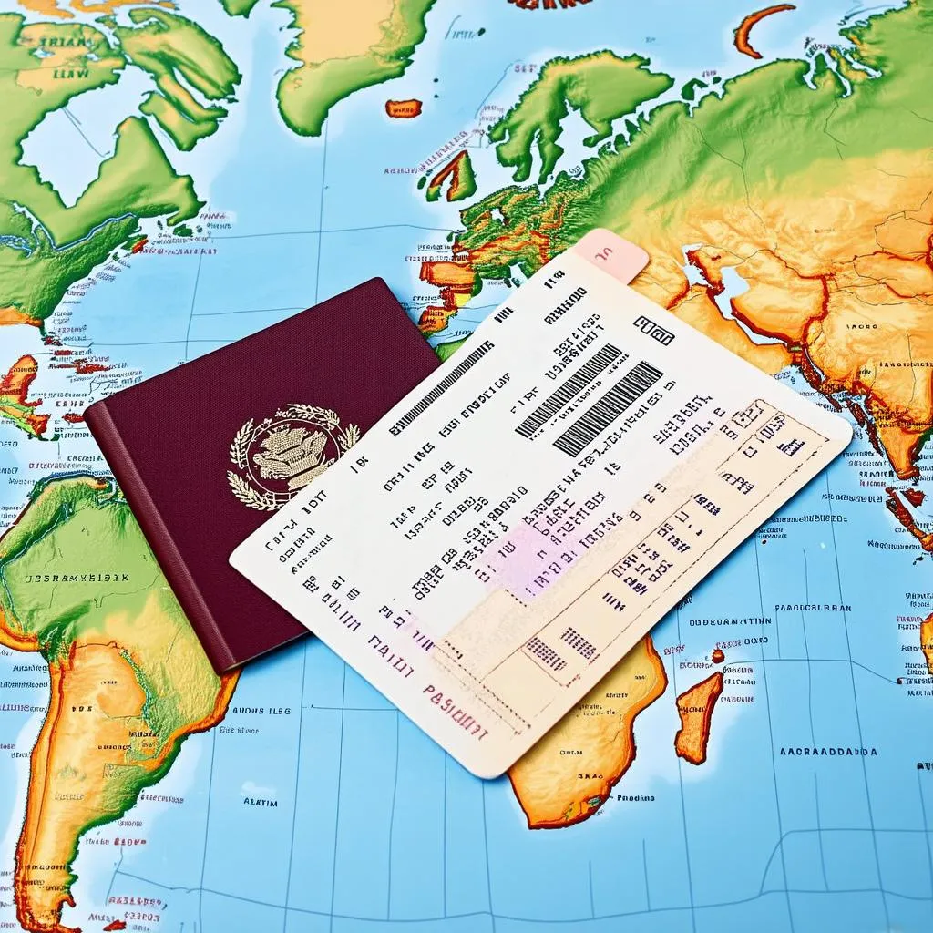 passport and plane ticket on a map