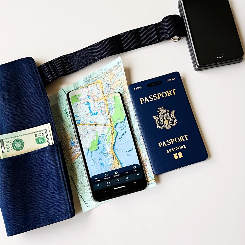 Passport, money belt, phone, map