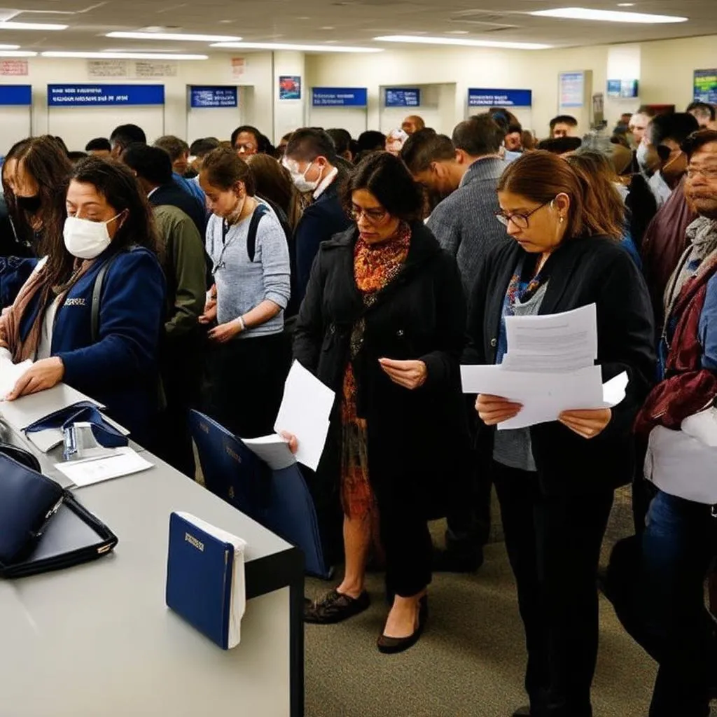 Busy passport office with people waiting