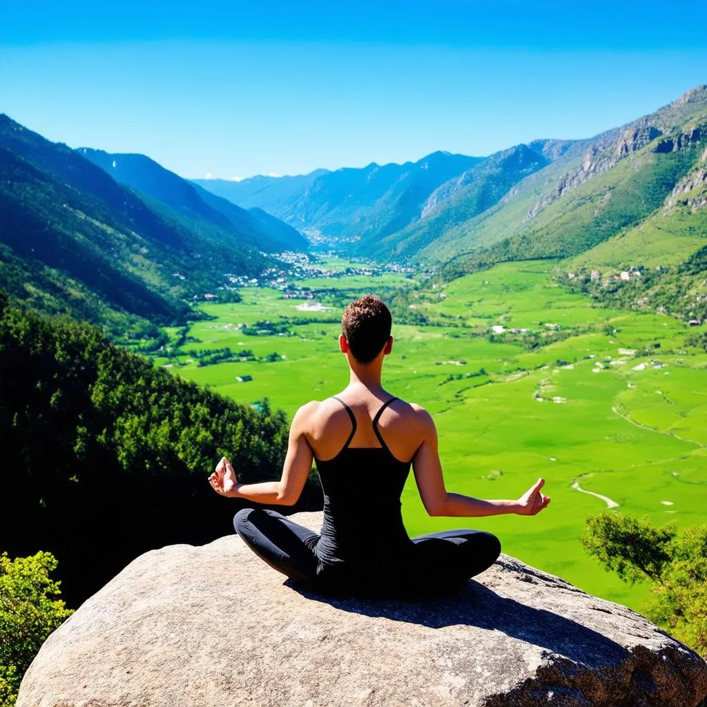 A person meditating on a rock overlooking a valley