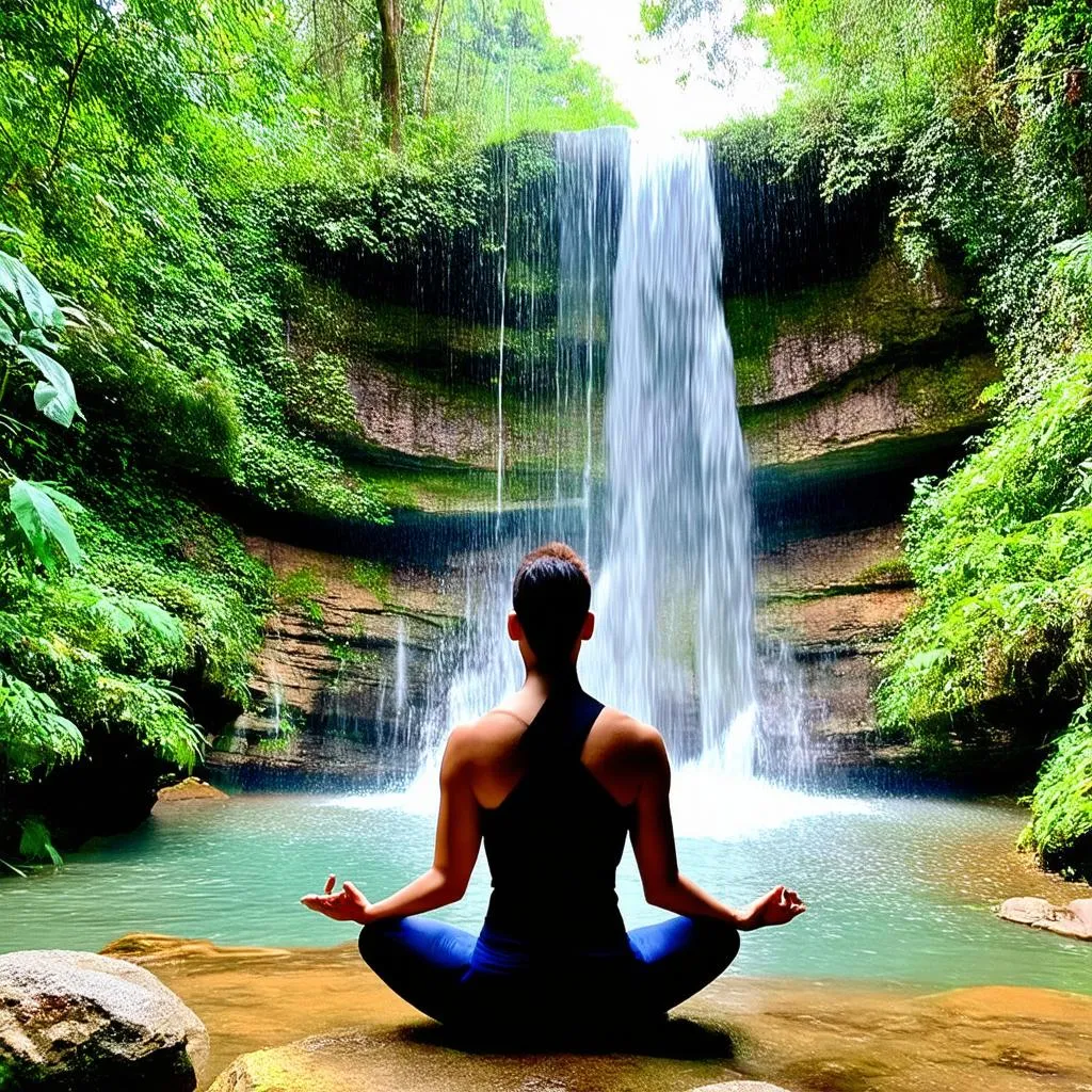 A person meditating by a waterfall