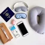 travel essentials laid out on a table