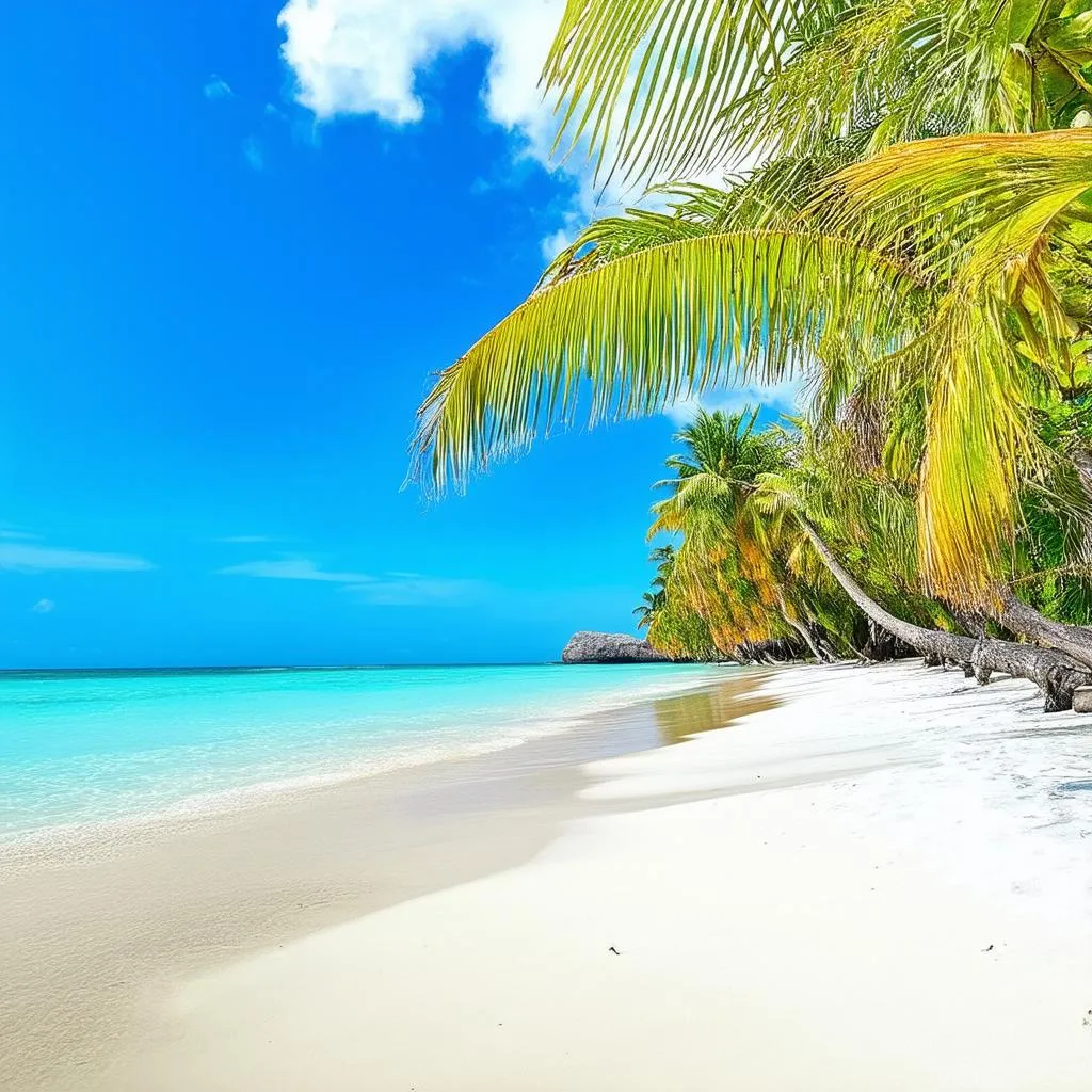 White sand beach, turquoise water, palm trees, blue sky