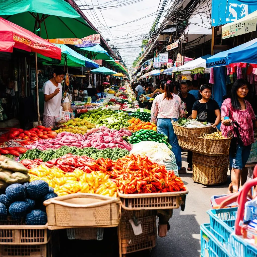 Bustling street market, colorful goods, local vendors, Philippines