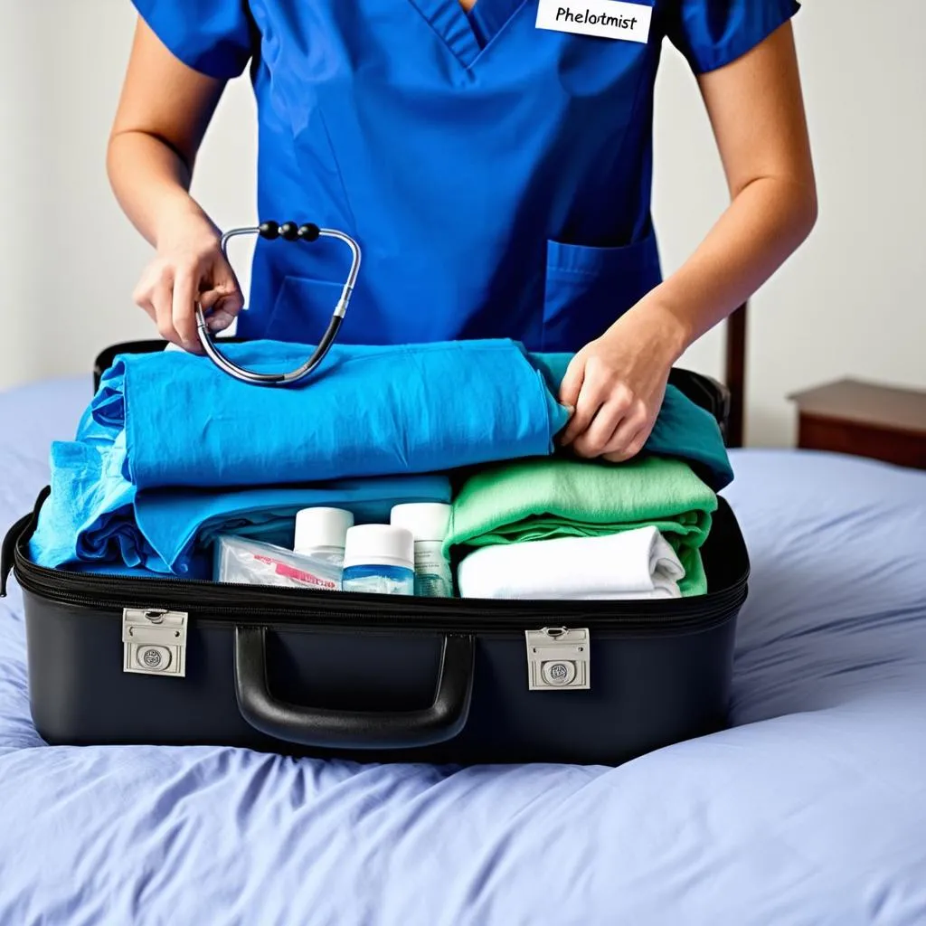 A phlebotomist preparing for a work trip, packing a suitcase