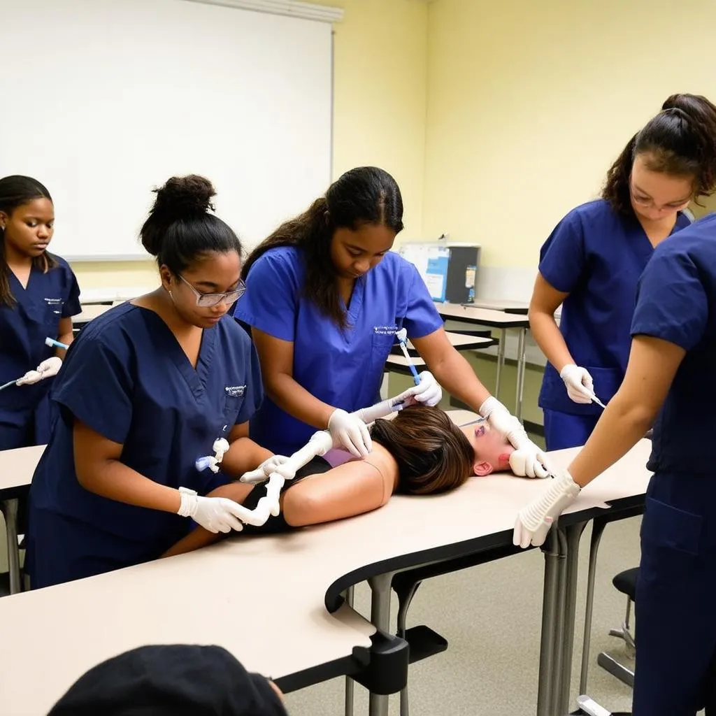 students practicing phlebotomy