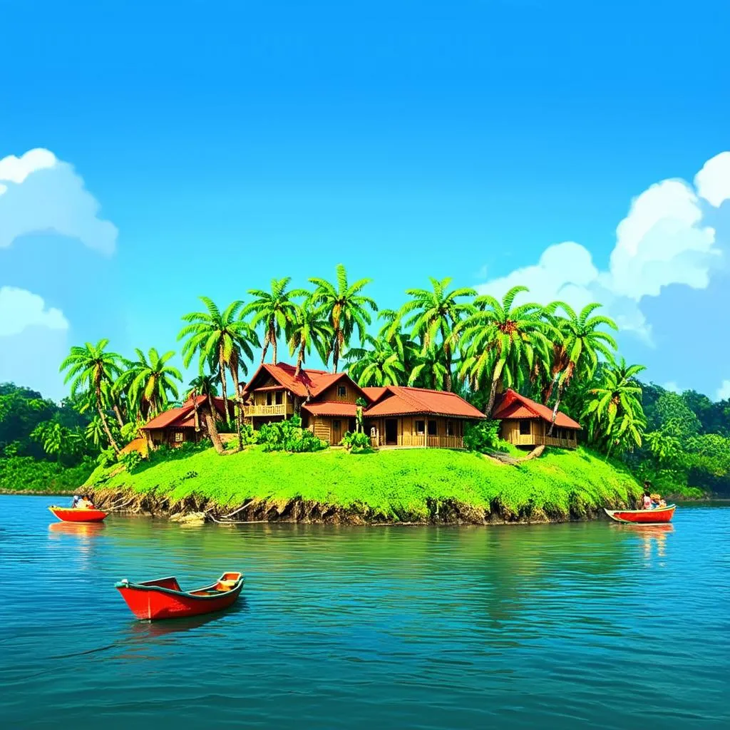 lush tropical island with traditional houses, Mekong Delta