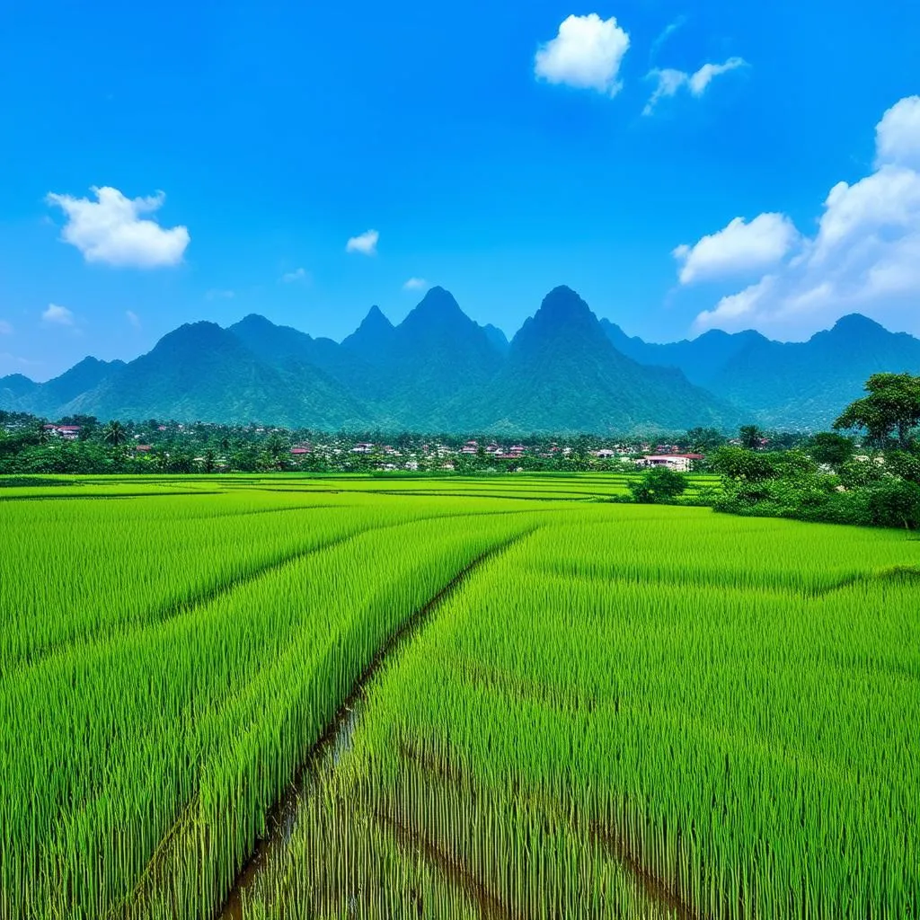 Vibrant green rice paddies with mountains in the background