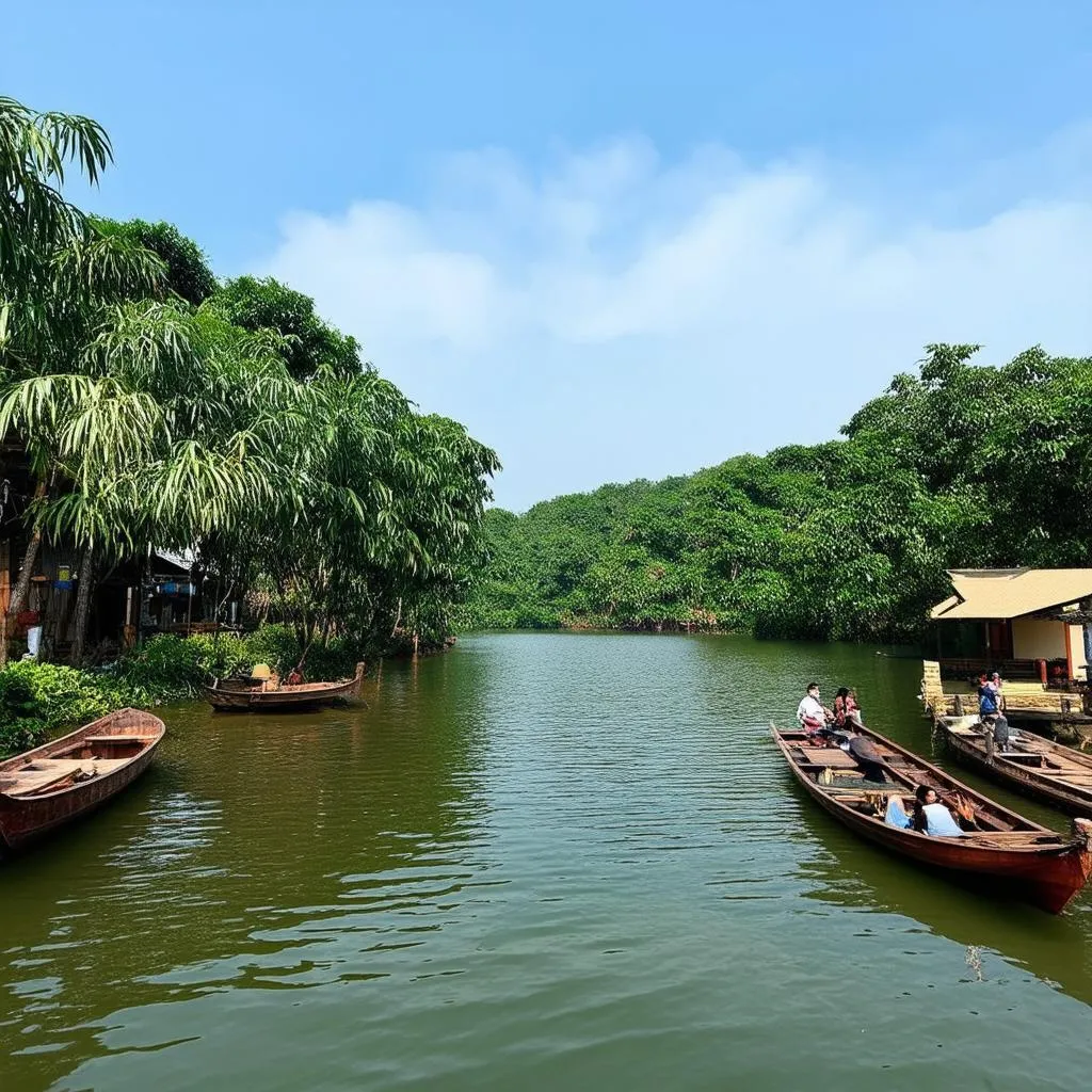 Scenic view of Phu Dong eco-tourism area with traditional wooden boats on a peaceful lake.