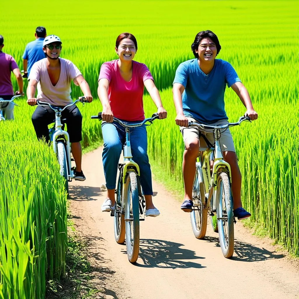 Tourists enjoying a bicycle tour through the rice paddies