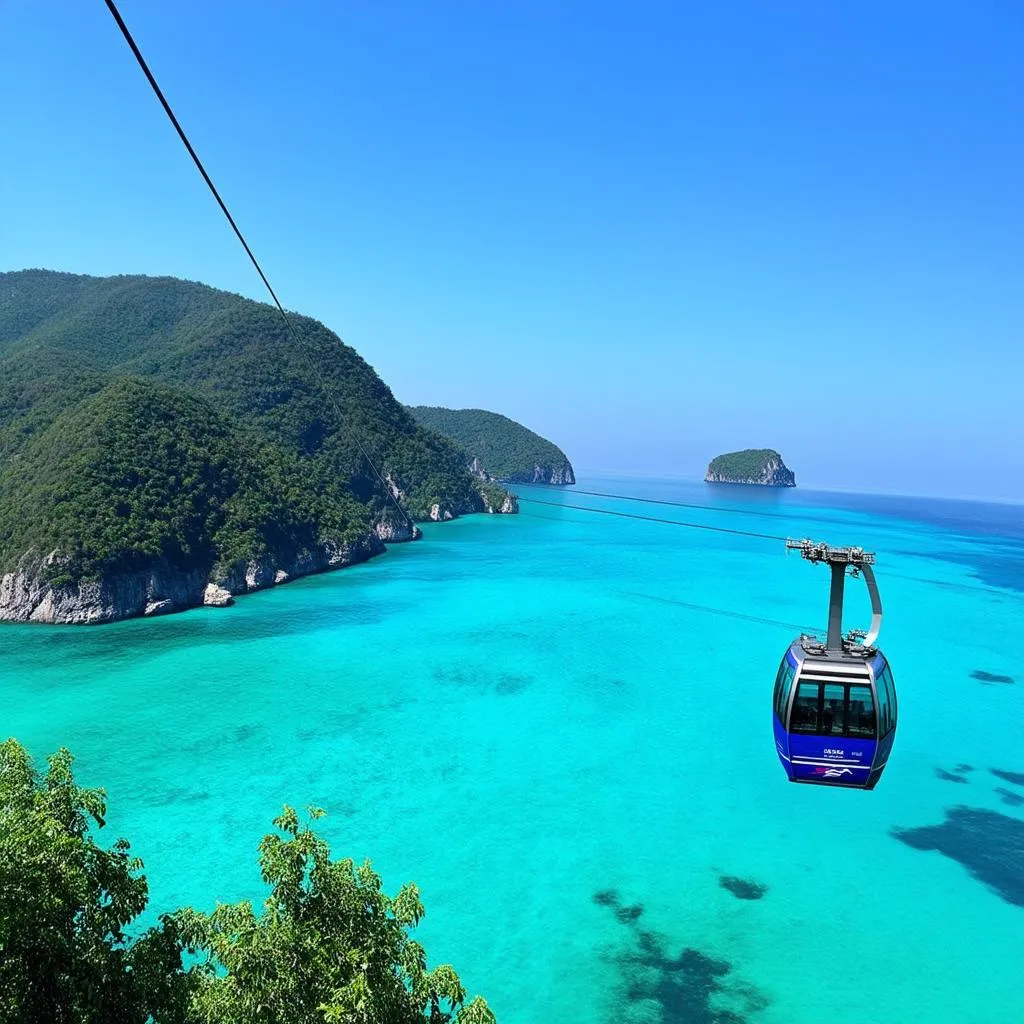 cable car gliding over turquoise water with islands in the distance