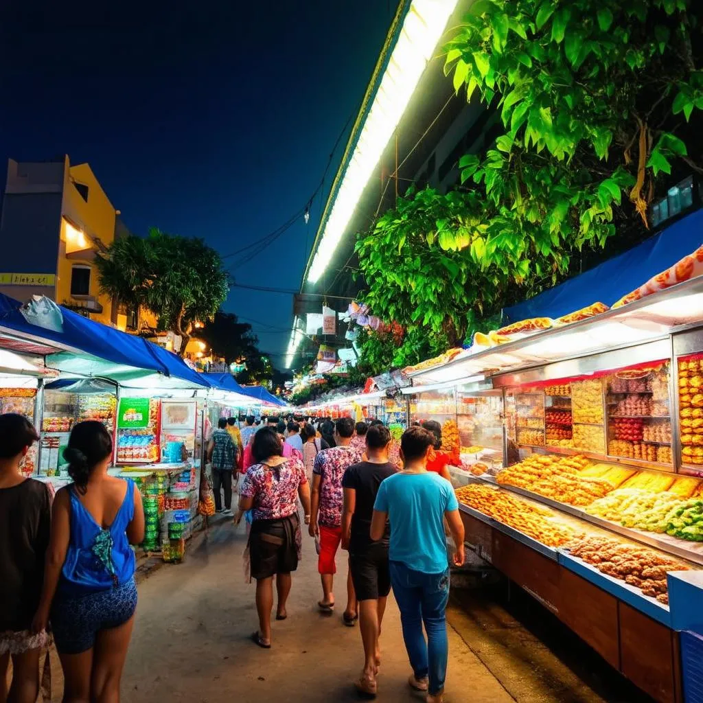 lively night market with colorful lights and food stalls