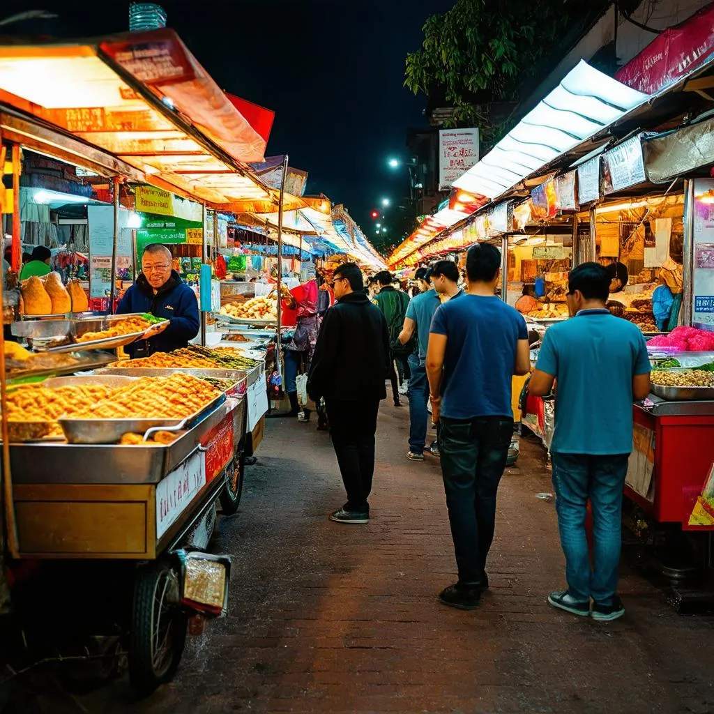 bustling night market with colorful lights and street food vendors