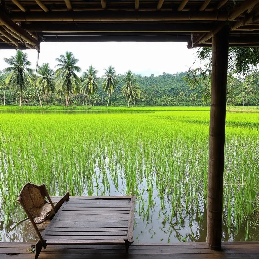 a charming traditional Vietnamese homestay nestled amidst lush rice paddies.