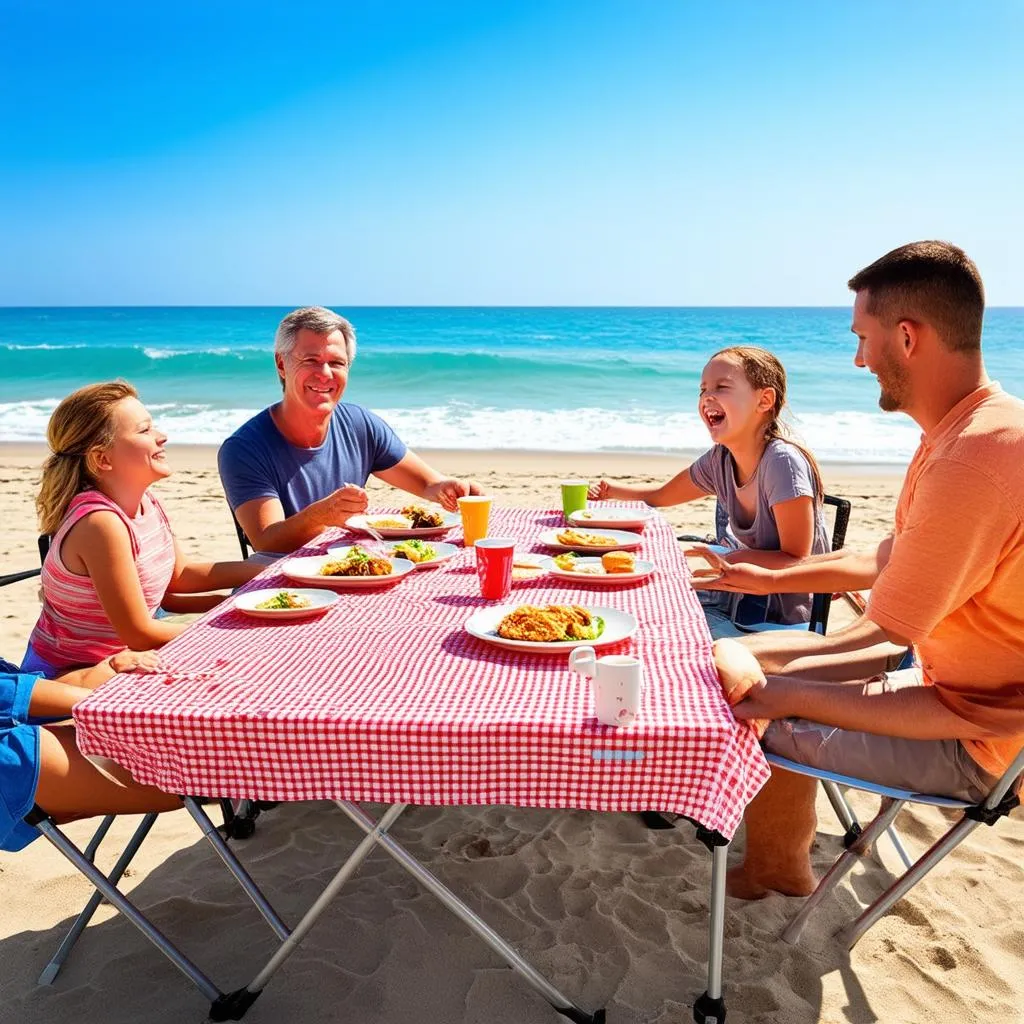 portable folding picnic table set on the beach