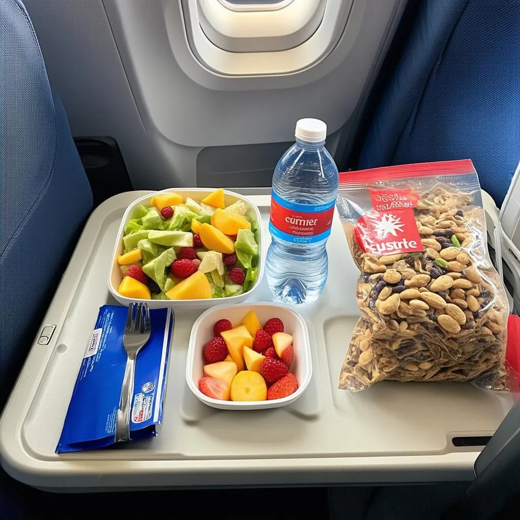 Healthy snacks on an airplane tray table