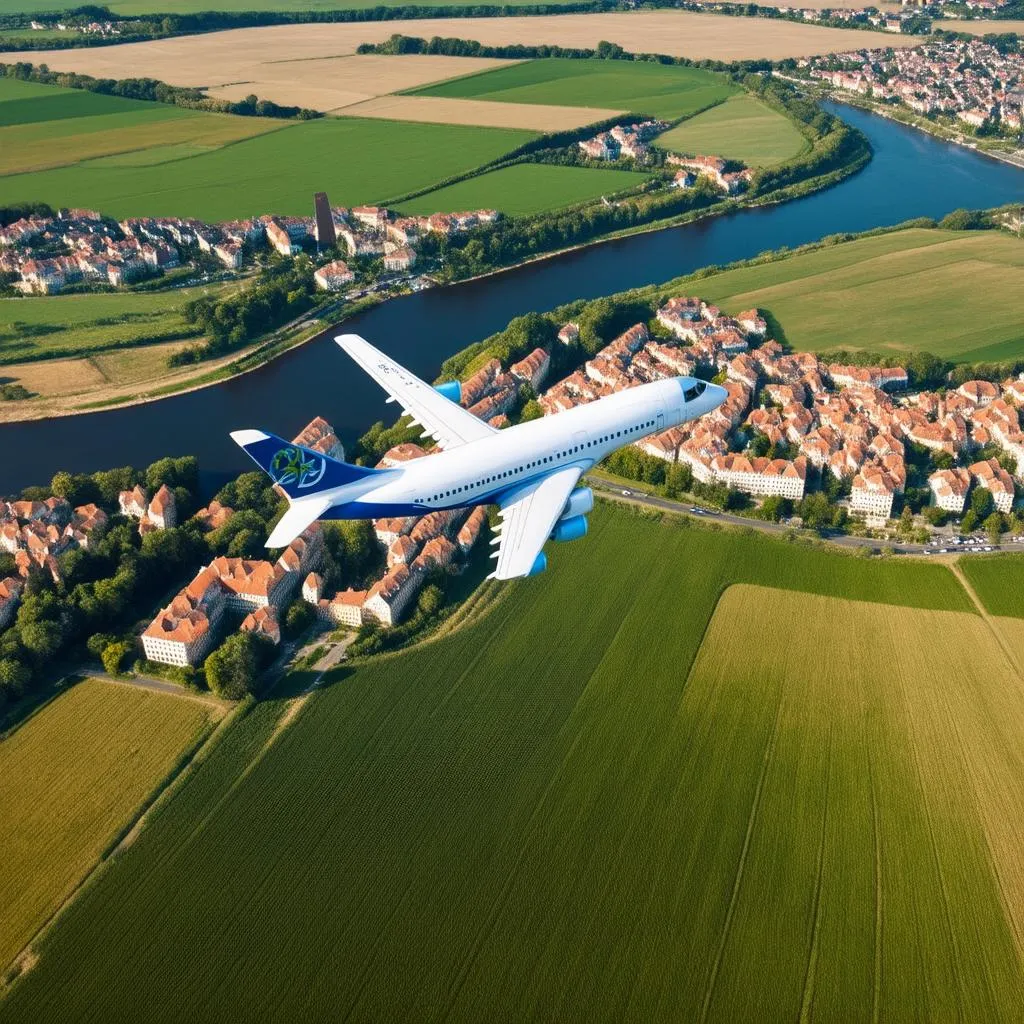 Plane Soaring Over European Countryside