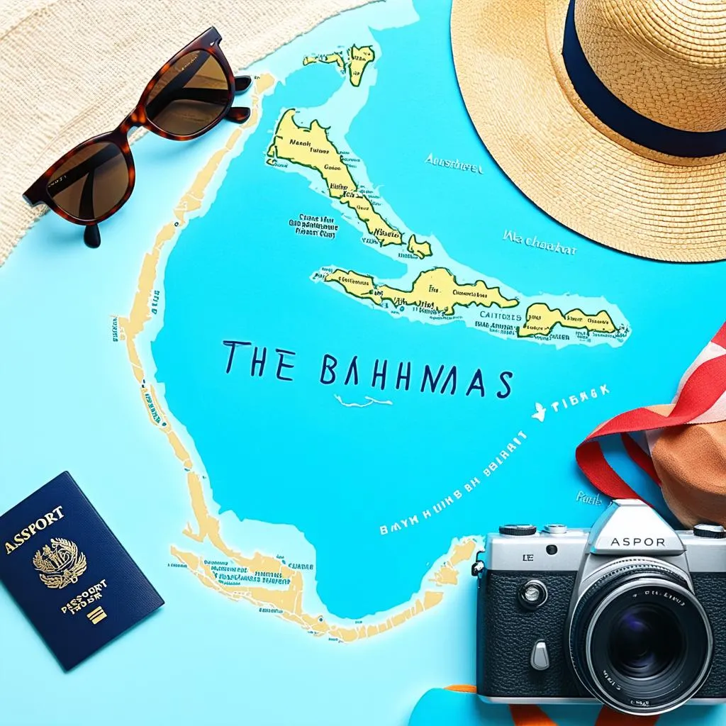 Travel map and accessories for planning a trip to The Bahamas 